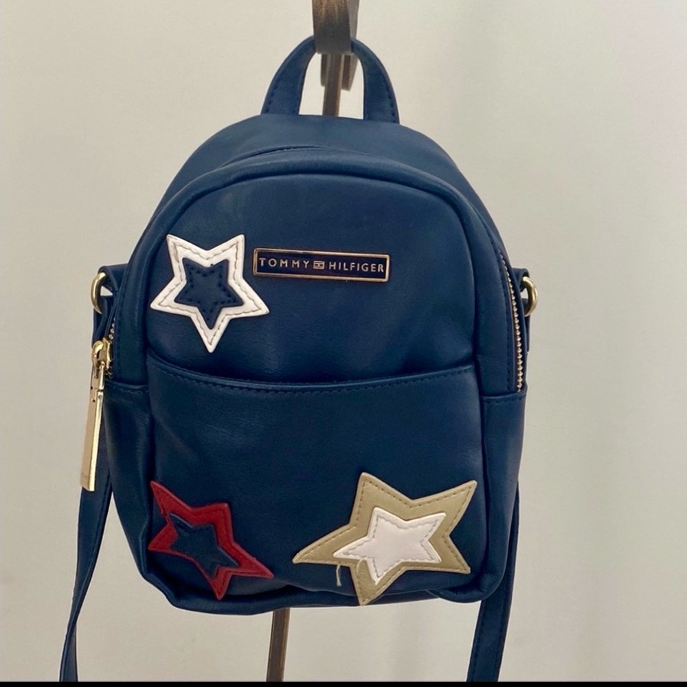 Tommy Hilfiger Navy Blue Stars Mini Backpack Purse Gold Hardware Clean 8x8